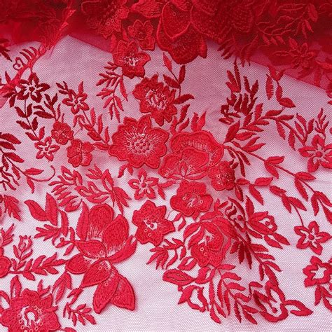 2017 Latest french lace red flower embroidered tulle lace fabric pretty flower design high ...