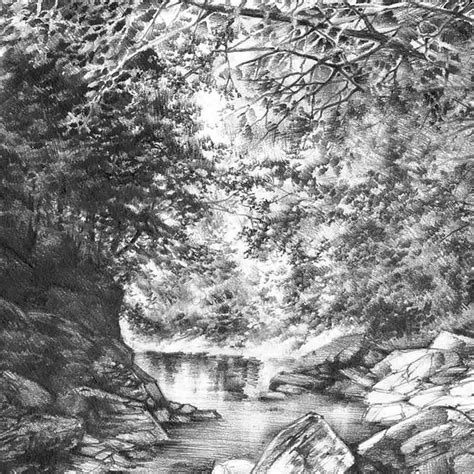 Pencil Landscape Drawing Print Realistic Water Landscape Pencil Trees ...