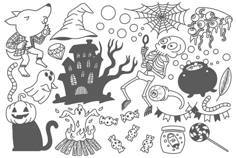 Set of Halloween doodles elements, drawing, cartoon, cute, fun, print, art 3810722 Vector Art at ...