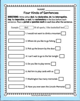 Journeys Gr. 4 Grammar Worksheets, Quiz, & Easel TYPES OF SENTENCES (Lesson 2)