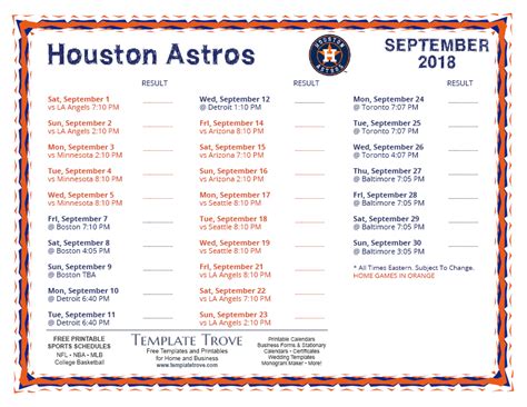 Printable 2018 Houston Astros Schedule