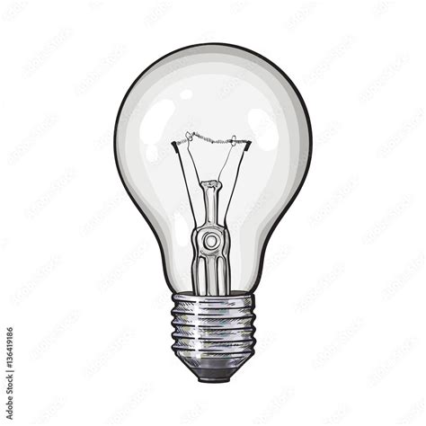 Traditional transparent tungsten light bulb, side view, sketch style vector illustration ...