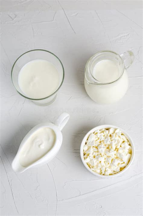 Homemade Fermented Milk Products - Kefir, Sour Cream, Cottage Cheese on a White Background Stock ...