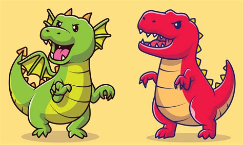 Cute angry red dinosaur vs green dragon cartoon vector icon illustration. animal nature icon ...