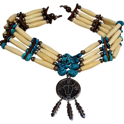 Native American sterling silver turquoise nugget bench and ox bone bead ...