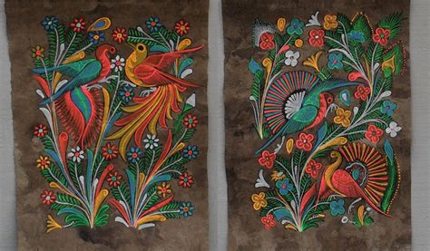 mexican folk art bark paintings Birds / Phoenix and flowers