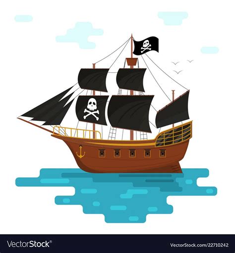 Cartoon pirate ship with black sails vector image on VectorStock | Cartoon pirate ship, Pirate ...