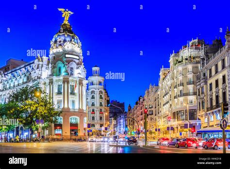 Madrid, Spain. Gran Via, main shopping street at twilight Stock Photo - Alamy