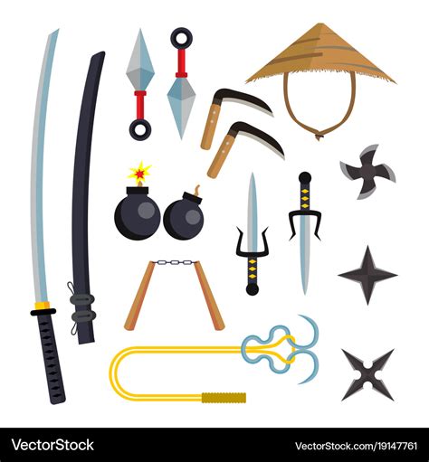 Ninja weapons set assassin accessories Royalty Free Vector