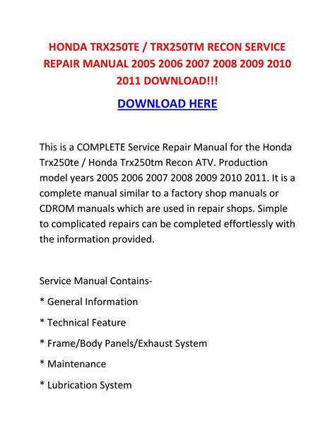 Honda trx250te trx250tm recon service repair manual 2005 2006 2007 2008 ...