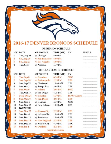 Printable 2016-2017 Denver Broncos Schedule