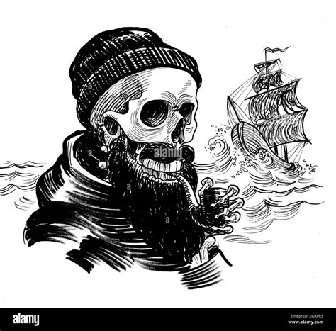 Dead sailor and sailing ship. Ink black and white drawing Stock Photo ...