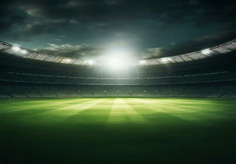 Photo of a soccer stadium at night with stadium light. The stadium was ...