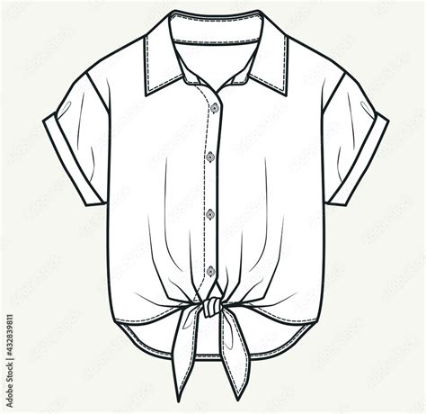 FLAT SKETCH of knot detailed shirt. Technical drawing of fashionable shirts for girls Stock ...