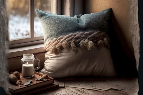 Premium Photo | Cozy window sill with blanket and cushion on wooden table