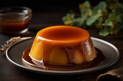 Premium Photo | A plate of flan with caramel sauce on it