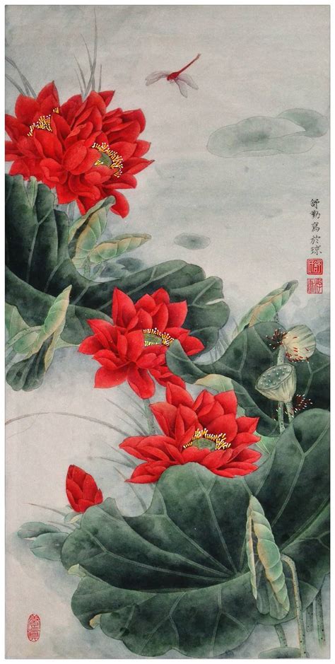 Original Chinese Gongbi Painting - Red Lotus Flower in the Sunshine Painting by Qin Shu ...