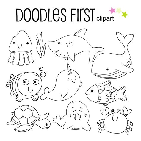 Sea Creatures Outline Drawing, Sea Animals, Outline Doodle Clip Art for Scrapbooking Card Making ...