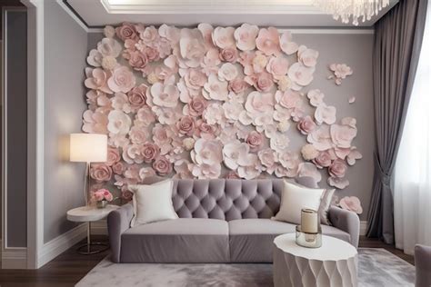 Premium AI Image | A living room with a large flower wallpaper