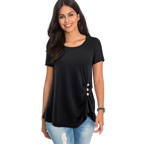 Women Casual Soft Solid Basic Shirts with Wooden button Black O Neck T Shirt Summer Fashion ...