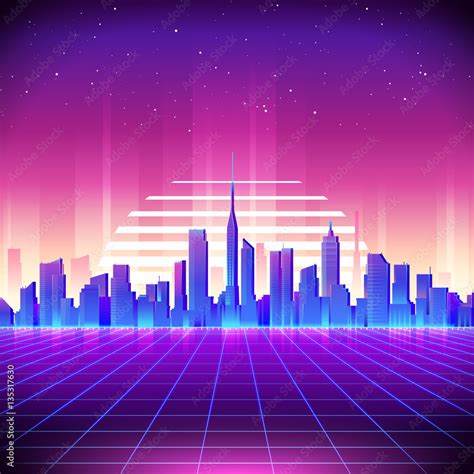 80s Retro Sci-Fi Background with Neon City. Vector retro futuristic synth retro wave ...