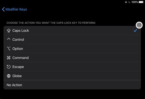 How to customize modifier keys for a keyboard on iPad