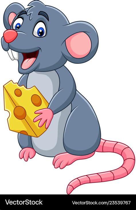 Cartoon mouse holding slice of cheese Royalty Free Vector