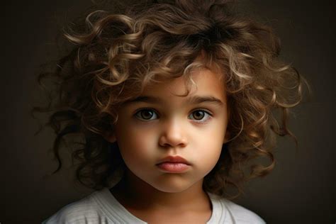 Portrait of a little girl with curly hair on a gray background, Cute baby with fluffy hair ...