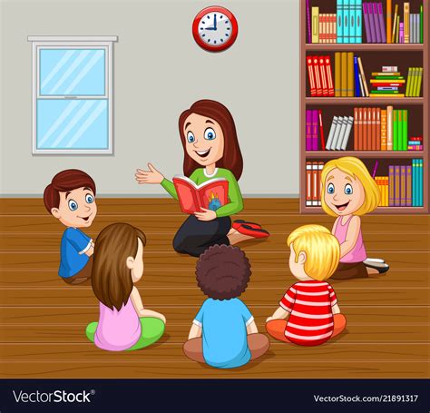 Teacher telling a story to kids in classroom Vector Image