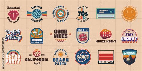 Vector set of signs and logos in Groovy style. Retro 60's, 70's logos set for Summer party ...