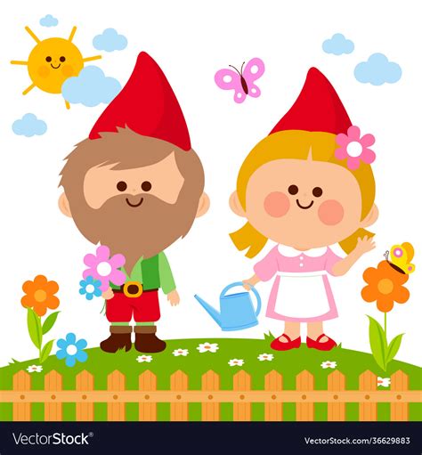 Cute garden gnomes in garden Royalty Free Vector Image