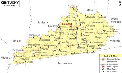 Kentucky Map, Map of Kentucky State (USA) - Highways, Cities, Roads, Rivers