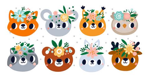 Cute animals with flower crowns and floral wreaths