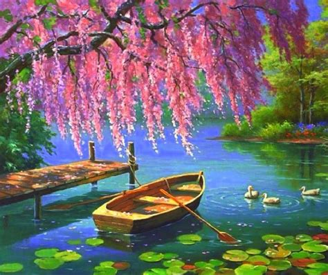 Pink Blossoms, A Lake, And A Boat For Two. . .The Perfect Setting To Say “I Love You.” | Art ...