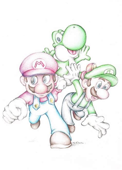 Super Mario Drawing - Super Mario With Luigi Yoshi Coloured Pencil ...