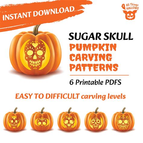 6 SUGAR SKULL Pumpkin Carving Stencil Template Halloween Jack O Lantern ...