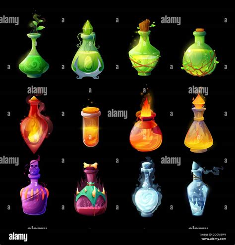 Cartoon potion bottles, magic spells and elixirs glass bubbles. Life, death or plant grow, fire ...