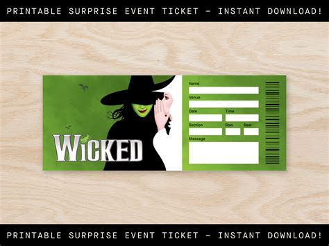 Printable Wicked Broadway Ticket Surprise, Musical Collectible Theater Ticket, Editable Musical ...