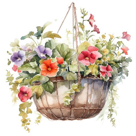 Premium AI Image | There is a painting of a basket with flowers hanging from it generative ai