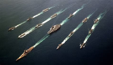 Reagan Era Naval Battle Fleet. At it's center : Battleship USS Wisconsin, Aircraft Carrier USS ...