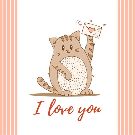 Hand drawn cute animals with lettering. Cat with envelope with heart. I love you. White ...