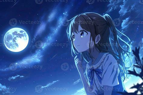 anime girl looking at the moon on starry night illustration 23913624 Stock Photo at Vecteezy