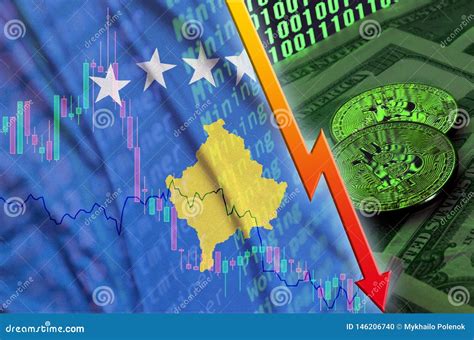 Kosovo Flag and Cryptocurrency Falling Trend with Two Bitcoins on Dollar Bills and Binary Code ...