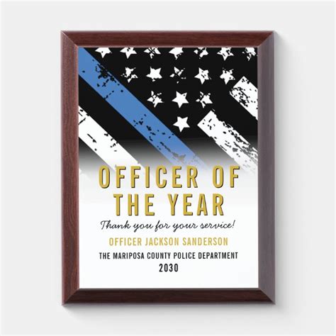 Police Officer of the Year Blue Line Flag Employee Award Plaque ...