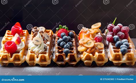 Belgian Waffles in a Row with Different Toppings, AI Generative Stock ...