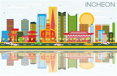 Incheon Skyline with Color Buildings, Blue Sky and Reflections. 15333063 Vector Art at Vecteezy