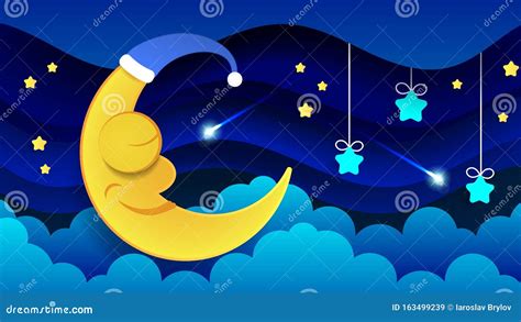 Cute Cartoon Moon in the Night Sky. Sleeping Moon Good Night Children ...