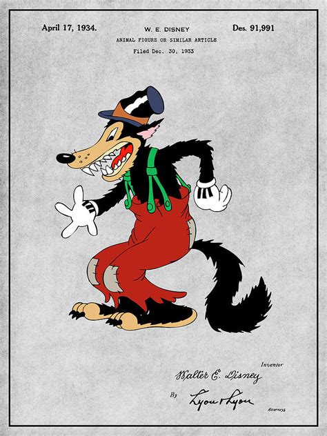 1934 Walt Disney Big Bad Wolf Gray Colorized Patent Print Drawing by ...