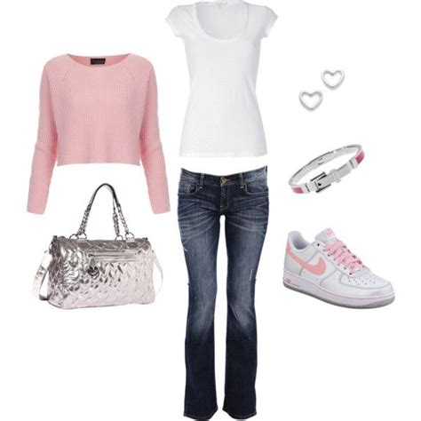 "Nike Air Force 1 Low soft pink/metallic outfit" I have this outfit except my pink sweater is a ...