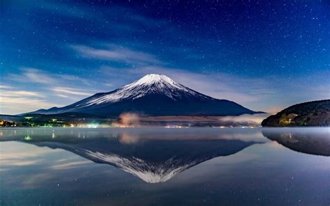 Download wallpapers Mount Fuji, starry sky, night, reflections, lake, volcano, Japan for desktop ...